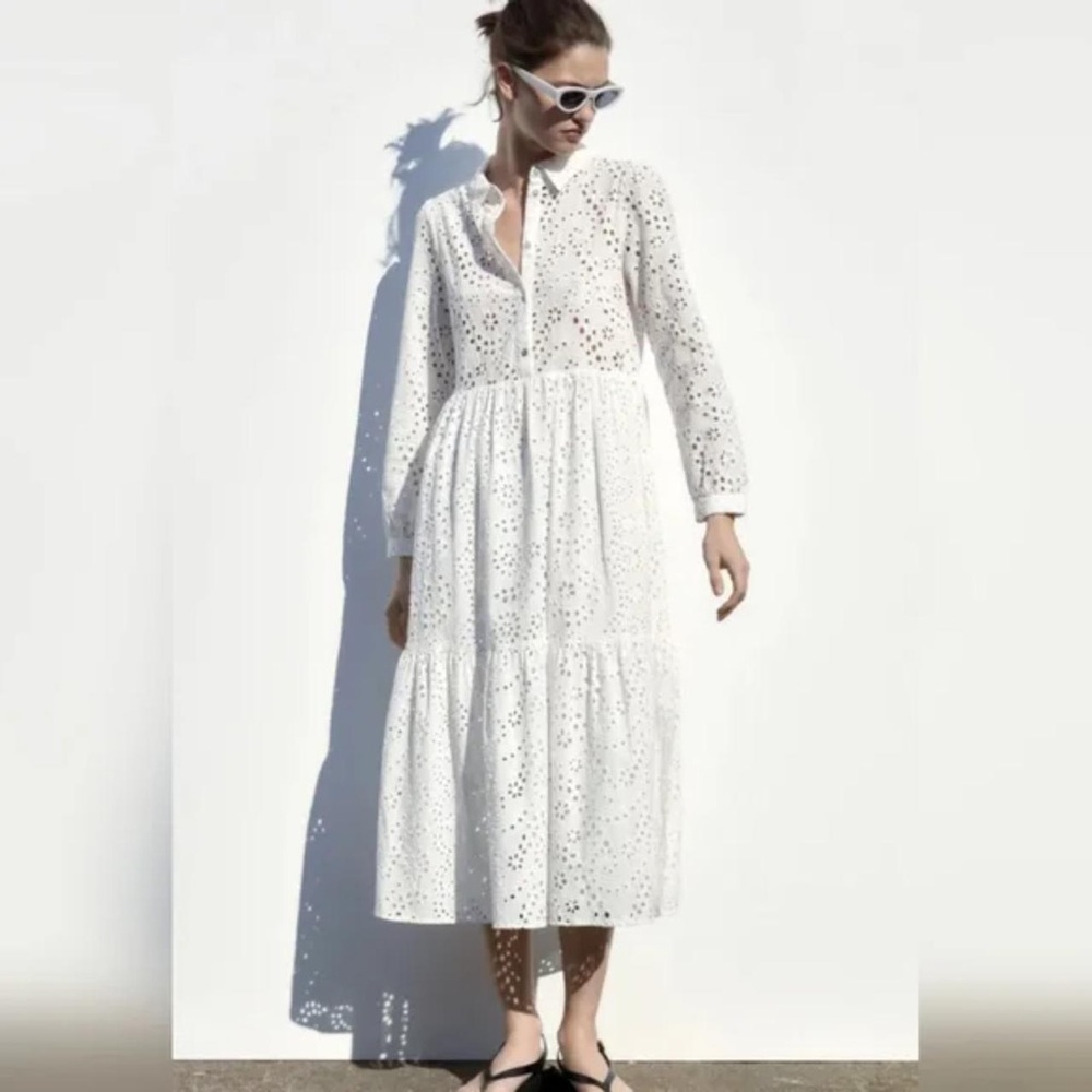 Zara White Eyelet Midi Dress